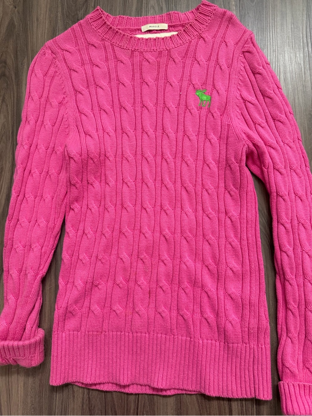 Abercrombie & Fitch Vtg Hot Pink Cable Knit Cotton Blend Crewneck Sweater Medium - Picture 1 of 5